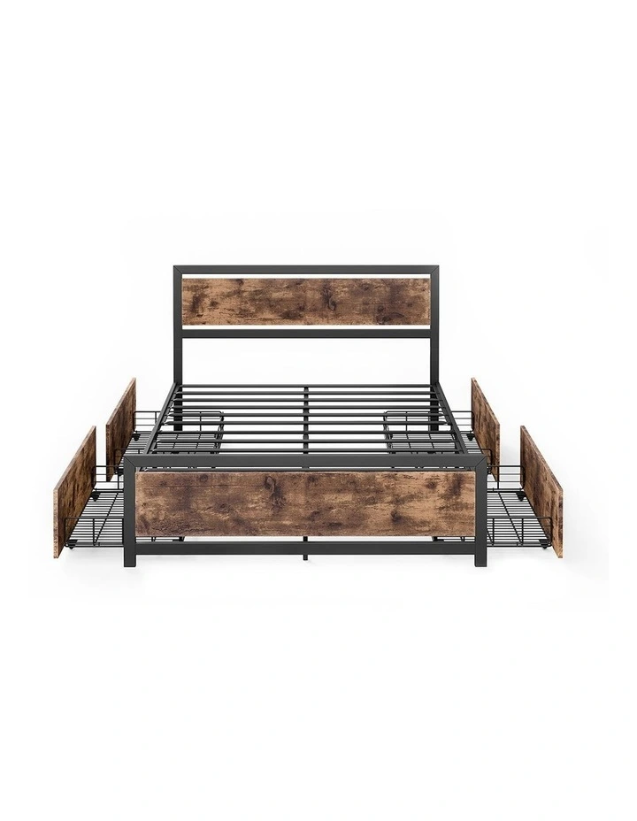Mattress Base Platform Wooden 4 Drawers Industrial Metal Double Bed Frame in Brown image 2