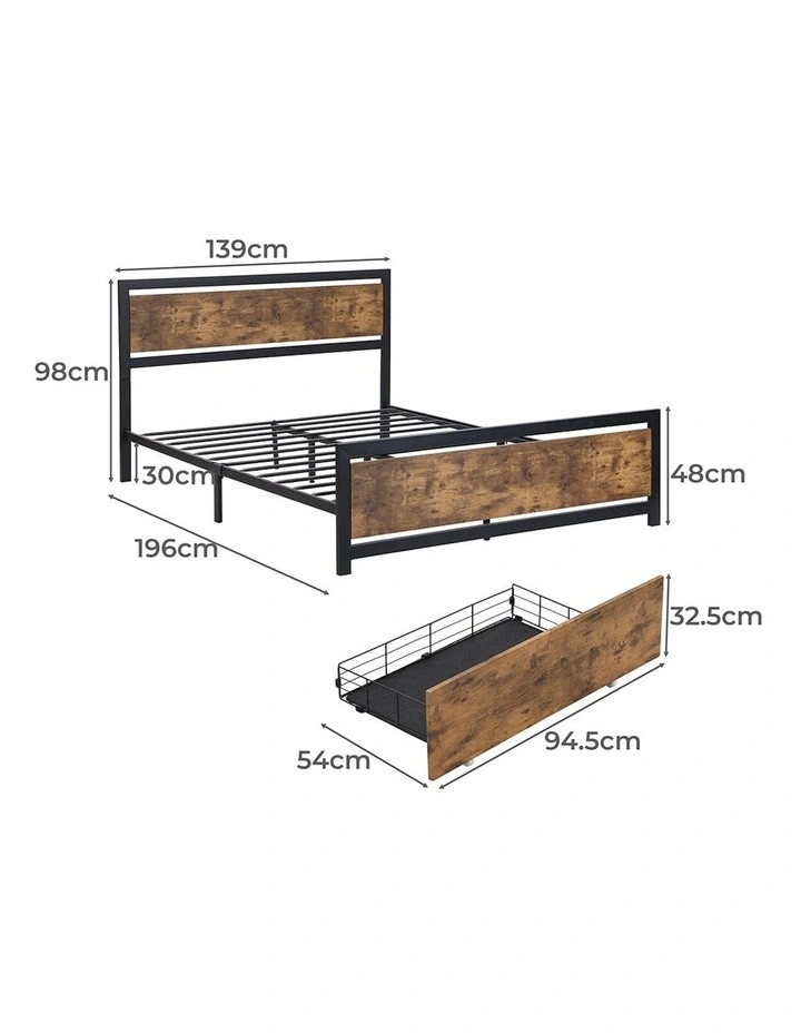 Mattress Base Platform Wooden 4 Drawers Industrial Metal Double Bed Frame in Brown image 3