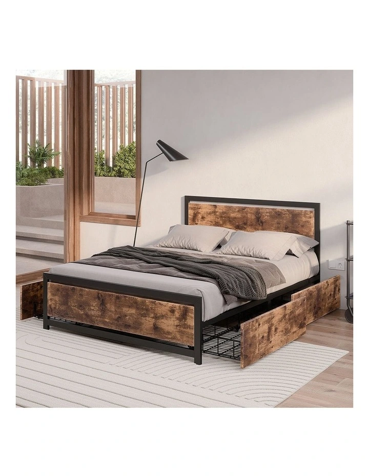 Mattress Base Platform Wooden 4 Drawers Industrial Metal Double Bed Frame in Brown image 7