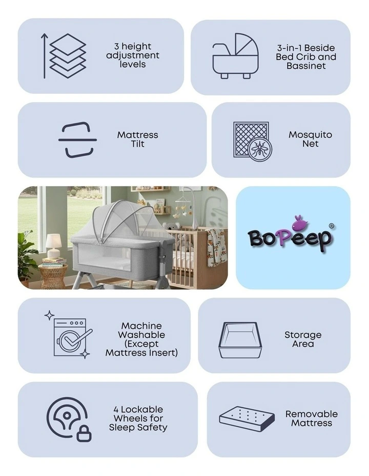 Baby Cot Bed Crib Portable Bassinet Safety Fence Adjustable Beside in Grey image 4