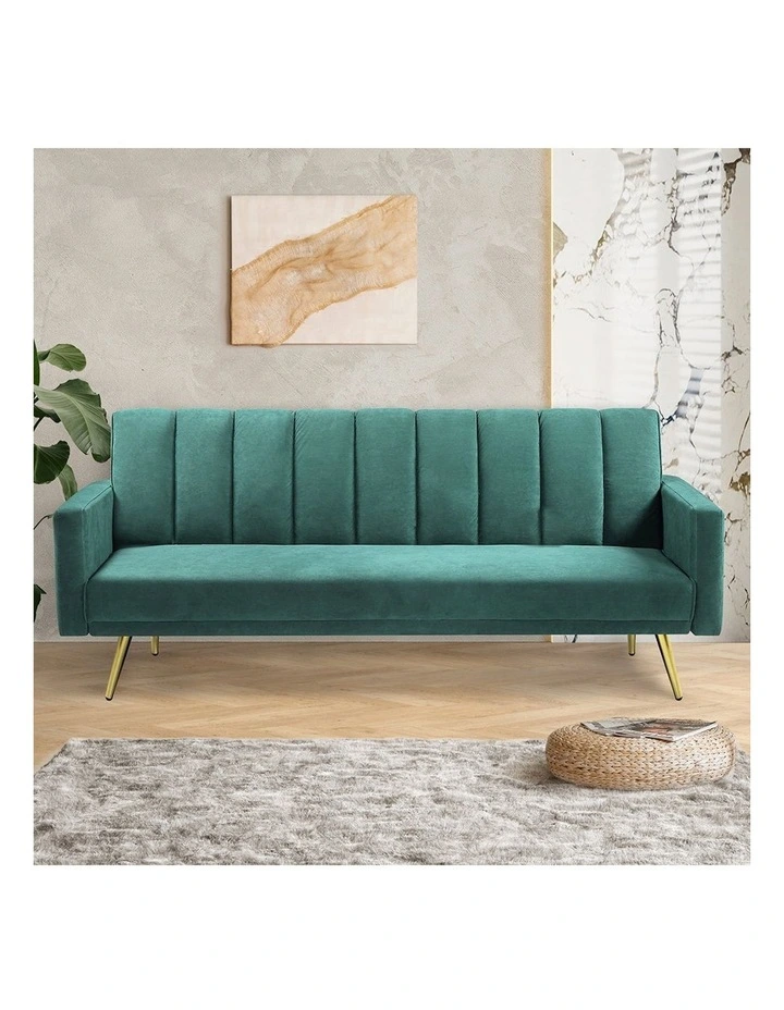 Convertible Velvet 3 Seater Sofa Bed in Green image 7