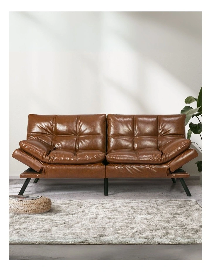 Futon PU Faux Leather 3-Seater Sofa Bed in Brown image 2