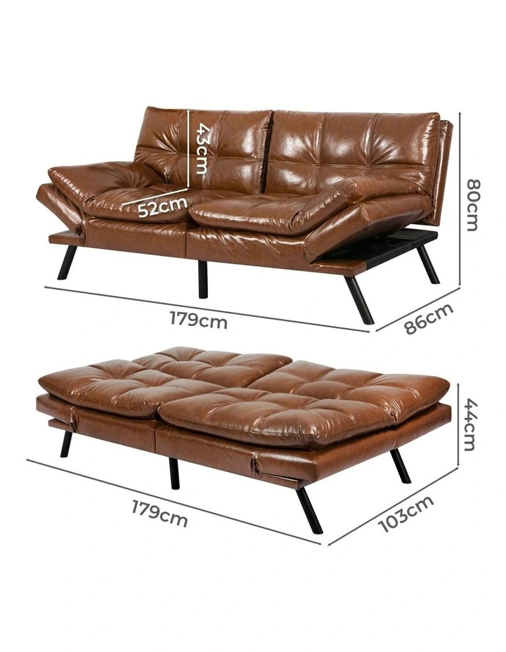 Futon PU Faux Leather 3-Seater Sofa Bed in Brown image 3