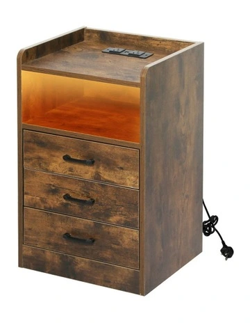 Nightstand USB Charger LED Bedside Table in Brown