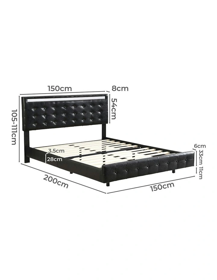 Floating Bed Frame Double with Headboard LED Lights Mattress in Black image 3