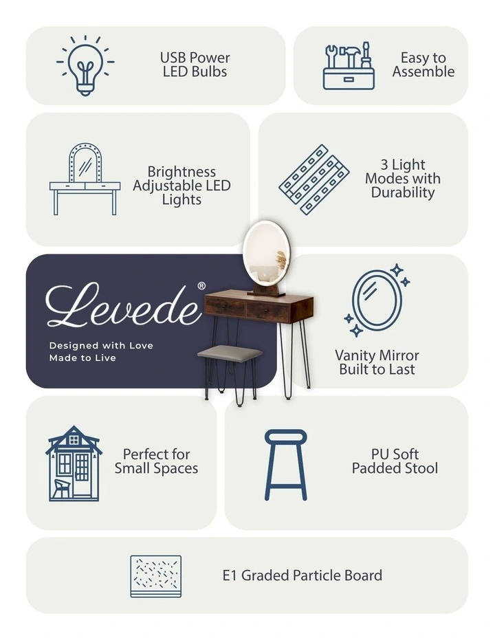LED Dressing Table Strip Stool Set inBrown image 3