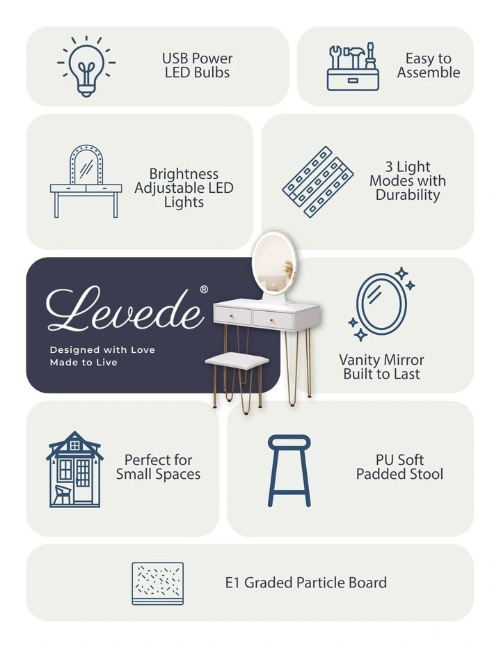 LED Dressing Table Strip Stool Set inWhite image 3