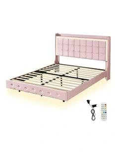 Double Floating Bed Frame With RGB LED Light Headboard USB Charge in Pink