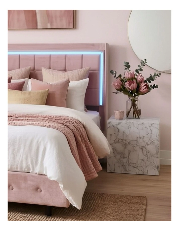 Double Floating Bed Frame With RGB LED Light Headboard USB Charge in Pink image 2