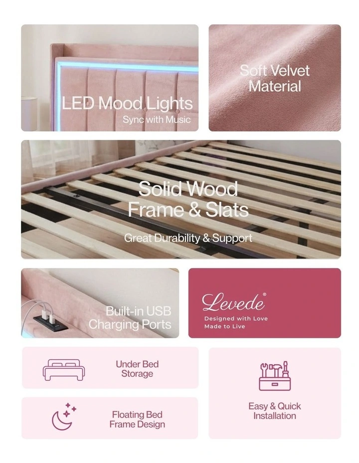 Double Floating Bed Frame With RGB LED Light Headboard USB Charge in Pink image 4