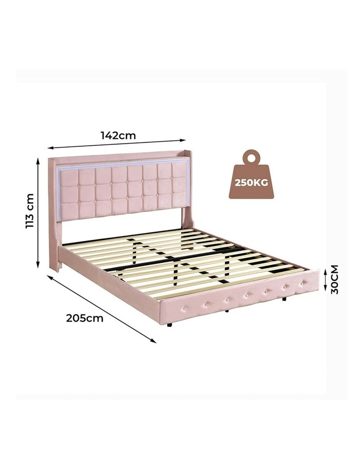 Double Floating Bed Frame With RGB LED Light Headboard USB Charge in Pink image 5