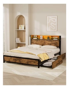 LED Storage Industrial Bed Frame RGB Headboard USB Charge Drawers in Brown