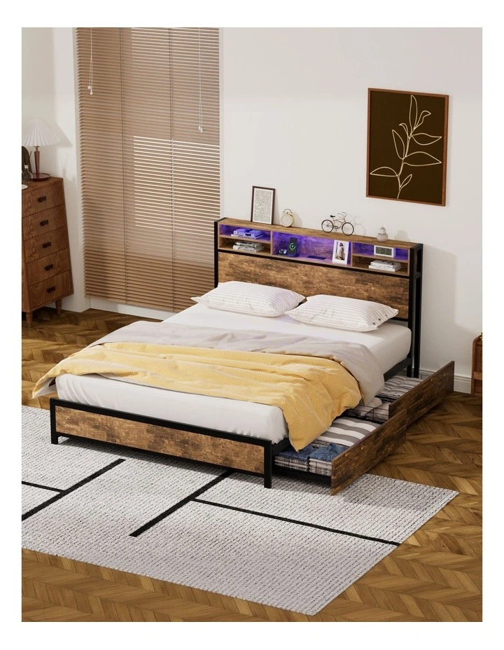 LED Industrial Bed Frame in Brown image 1