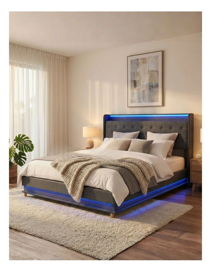 LED Light USB Charging Queen Bed Frame in Grey image 1
