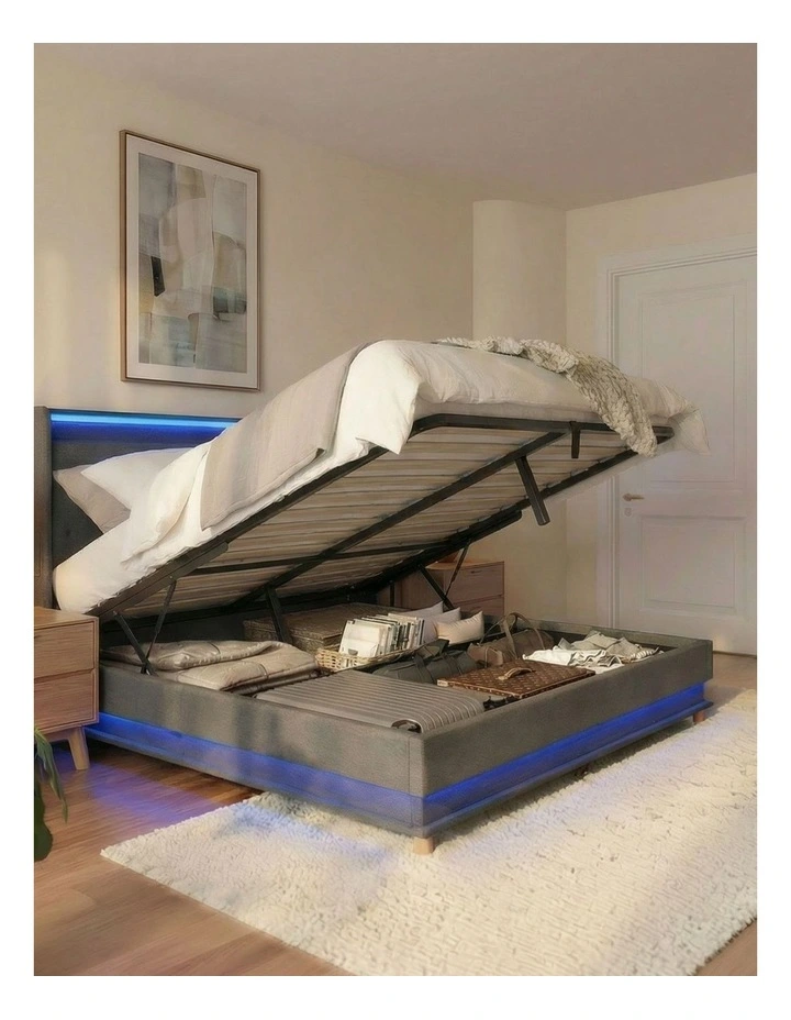 LED Light USB Charging Queen Bed Frame in Grey image 2