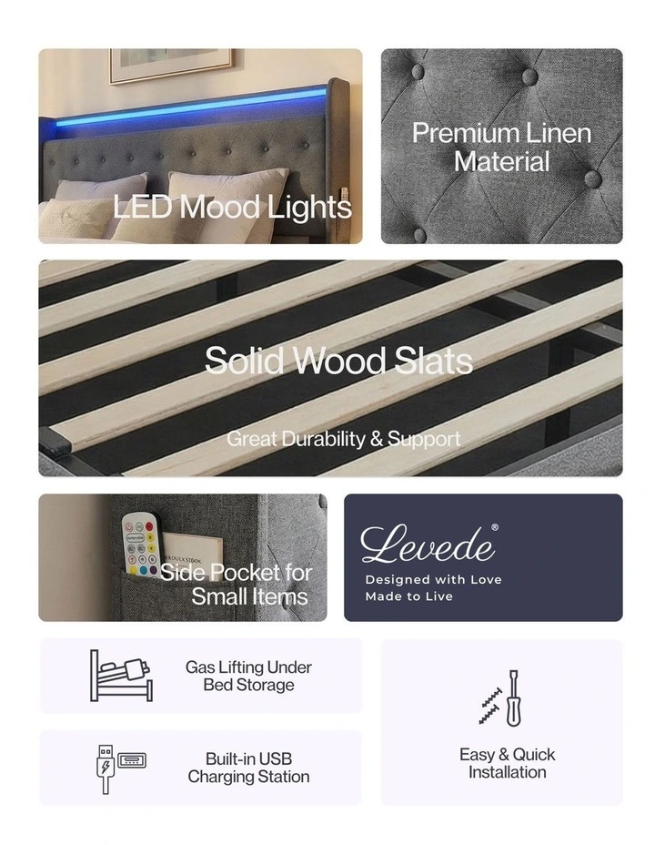 LED Light USB Charging Queen Bed Frame in Grey image 4