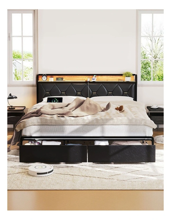 Queen Metal 2 Drawers Bed Frame in Black image 1