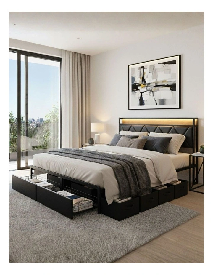 Queen Metal 2 Drawers Bed Frame in Black image 1