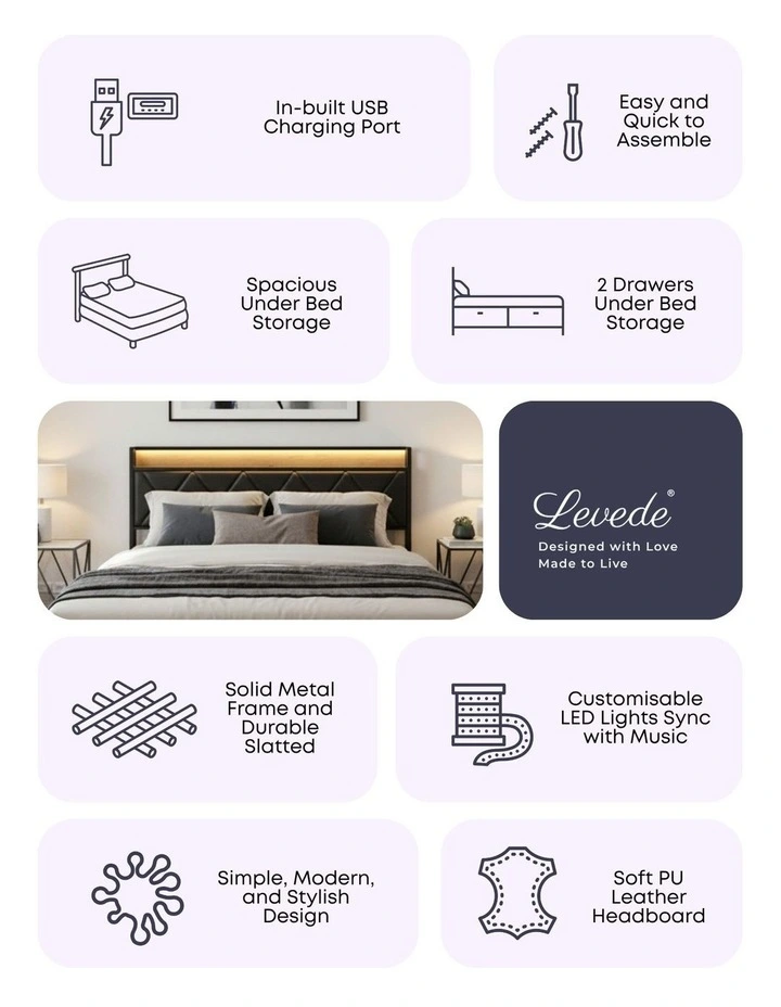 Queen Metal 2 Drawers Bed Frame in Black image 4