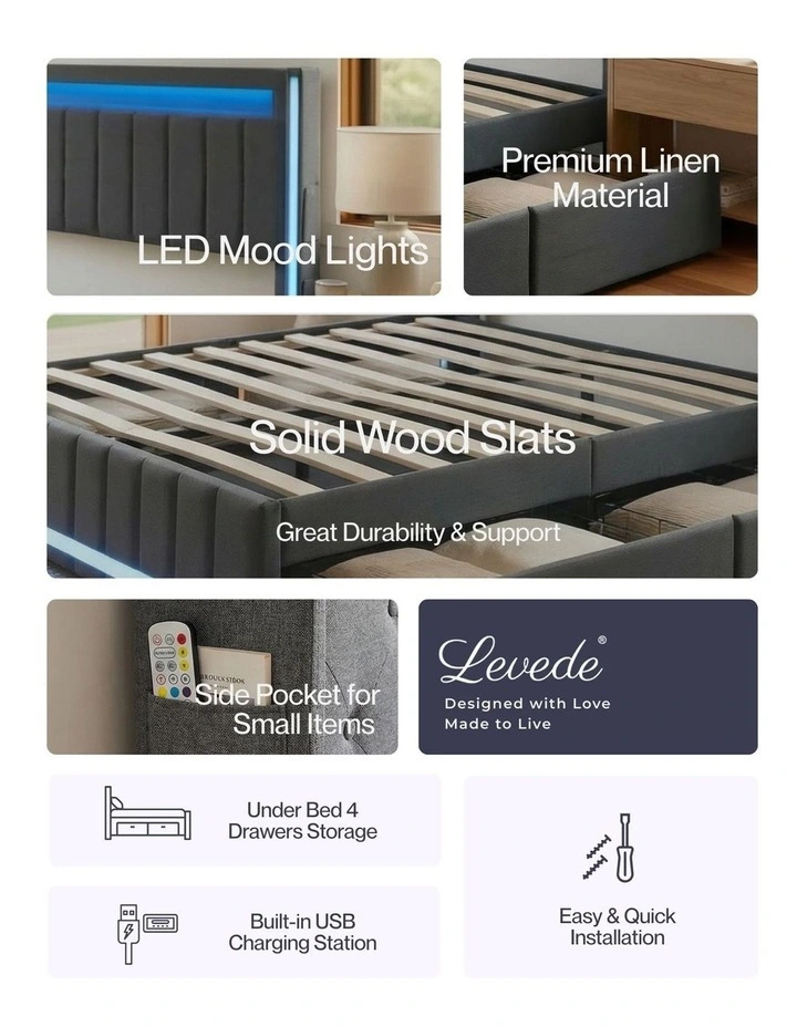 Queen Solid 4 Drawer Bed Frame in Grey image 4