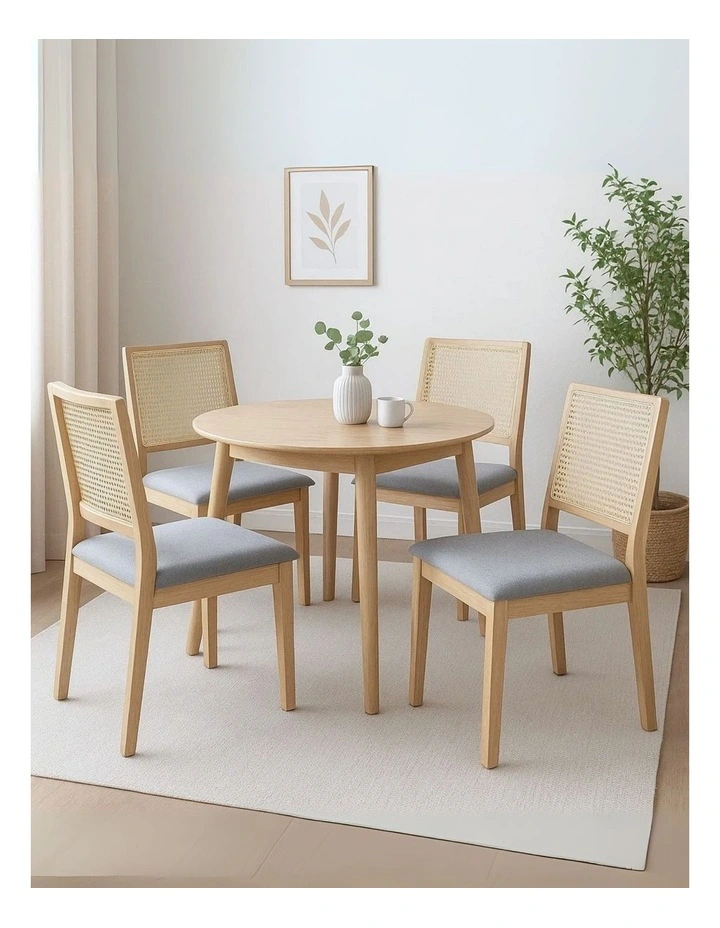 Upholstered Cane Solid Dining Chairs Set of 4 in Beige image 2