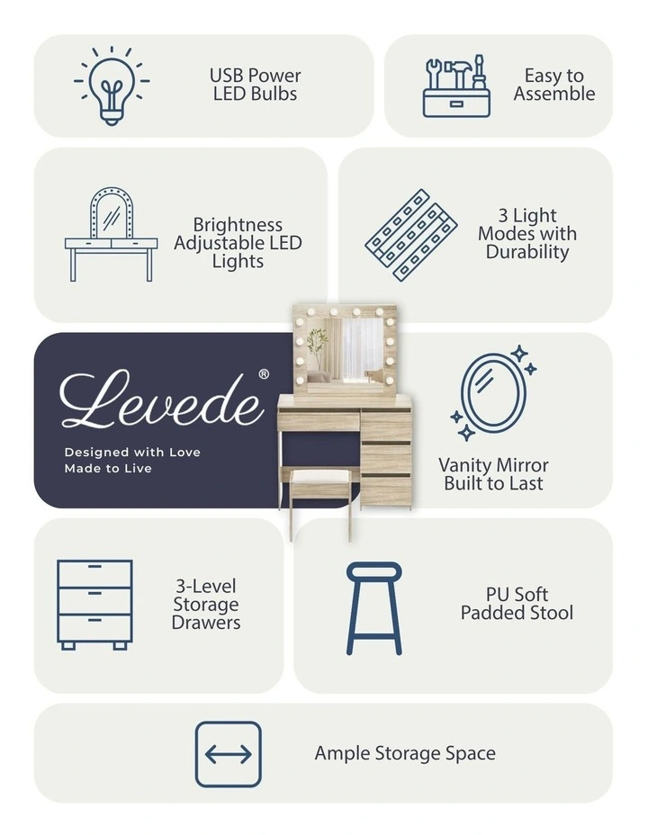 Led Vanity Stool Set Makeup Dressing Table in Brown image 3