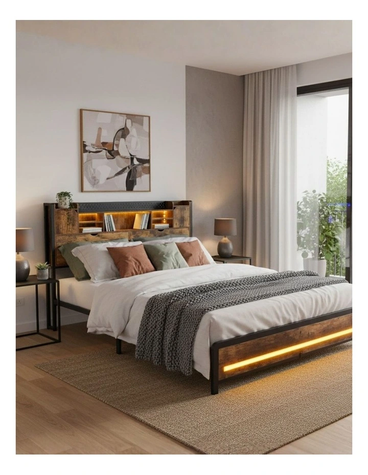 Queen Size RGB Light LED Charging Bed Frame in Brown image 1