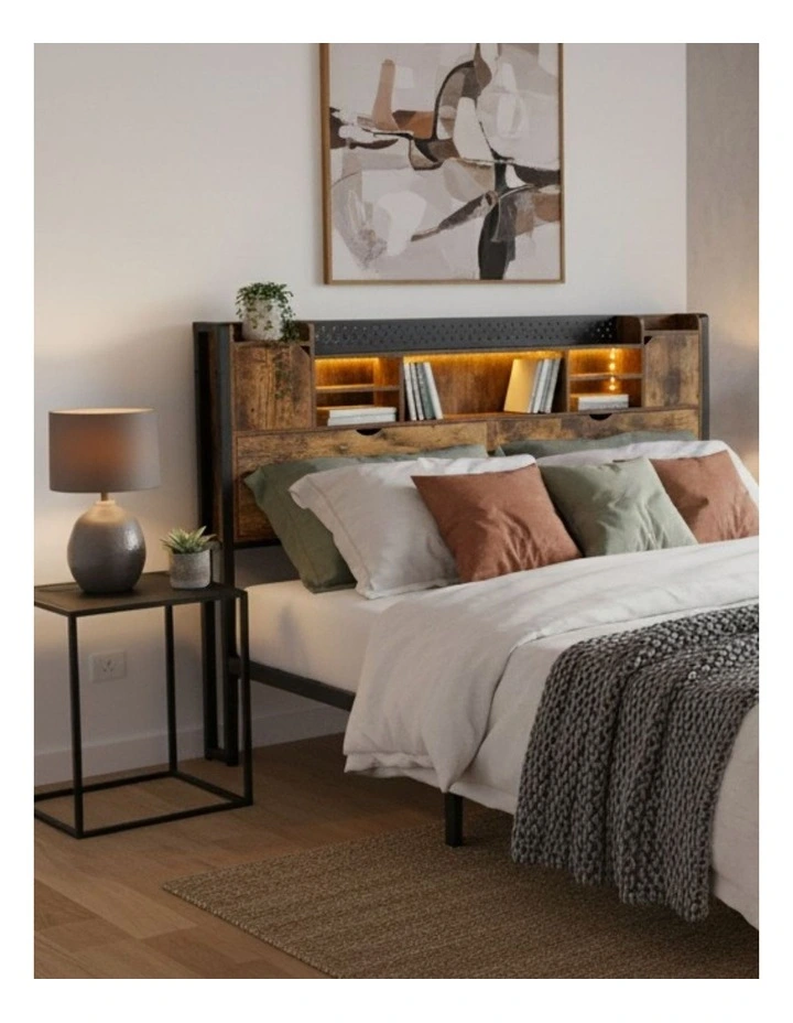 Queen Size RGB Light LED Charging Bed Frame in Brown image 2