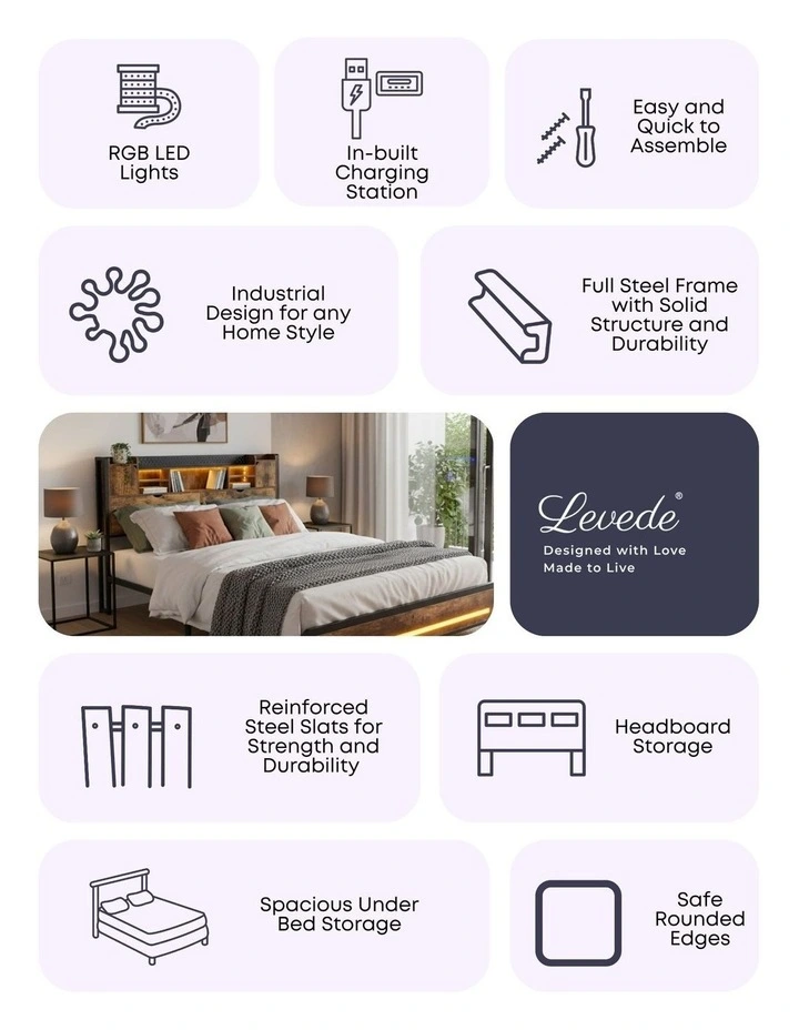 Queen Size RGB Light LED Charging Bed Frame in Brown image 4
