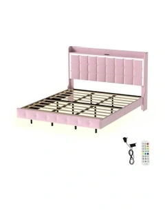 King Floating Bed Frame With RGB LED Light Headboard USB Charge in Pink