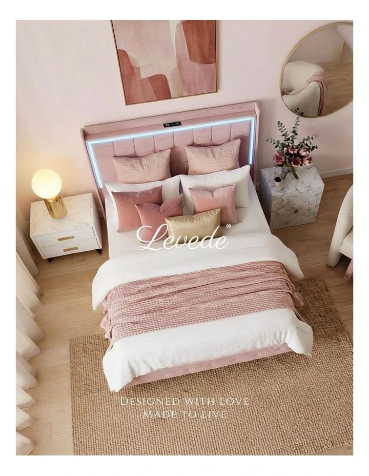 King Floating Bed Frame With RGB LED Light Headboard USB Charge in Pink image 3