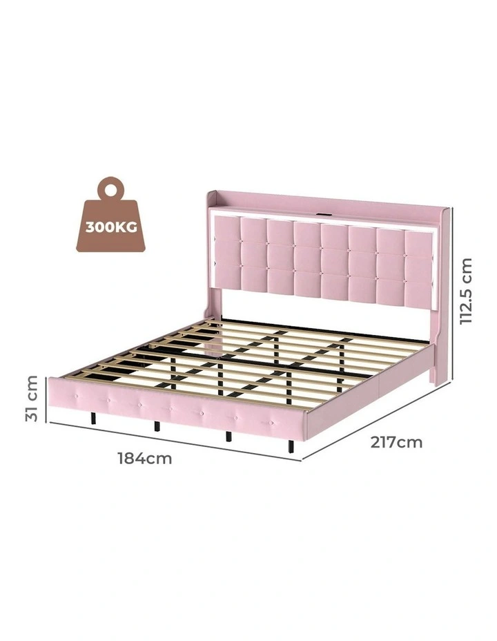 King Floating Bed Frame With RGB LED Light Headboard USB Charge in Pink image 5
