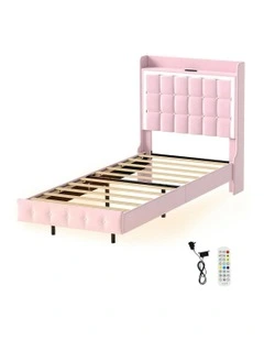 Single Floating Bed Frame With RGB LED Light Headboard USB Charge in Pink