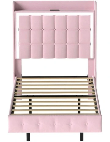 Single Floating Bed Frame With RGB LED Light Headboard USB Charge in Pink