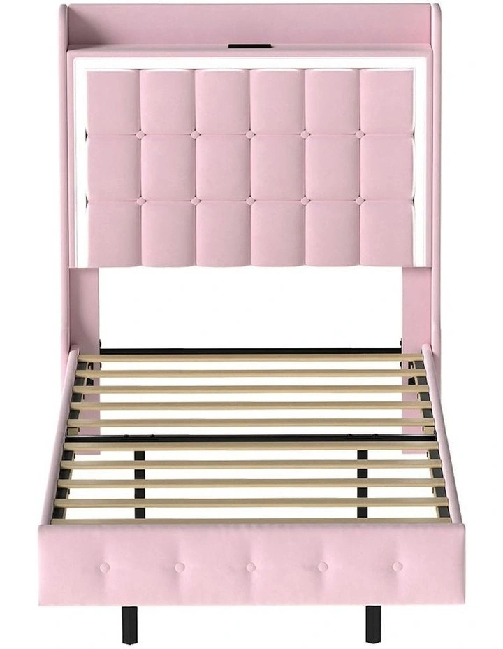 Single Floating Bed Frame With RGB LED Light Headboard USB Charge in Pink image 2