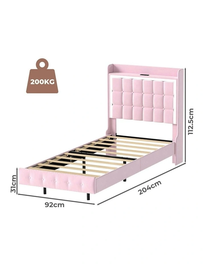Single Floating Bed Frame With RGB LED Light Headboard USB Charge in Pink image 3