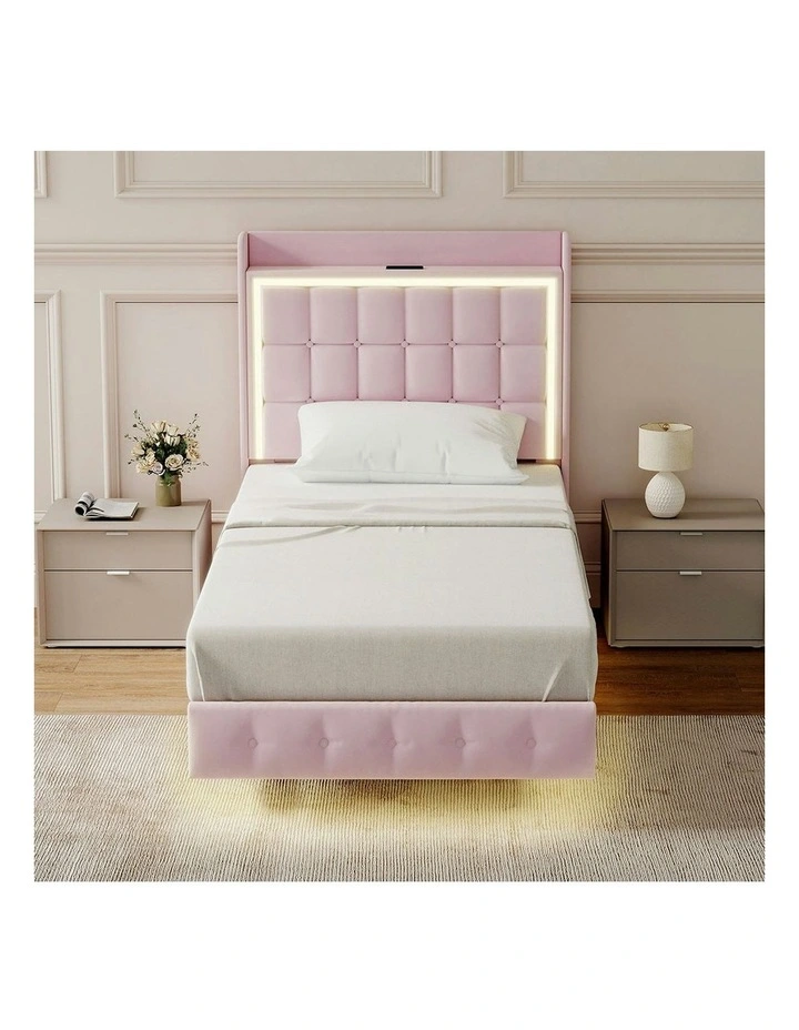 Single Floating Bed Frame With RGB LED Light Headboard USB Charge in Pink image 6