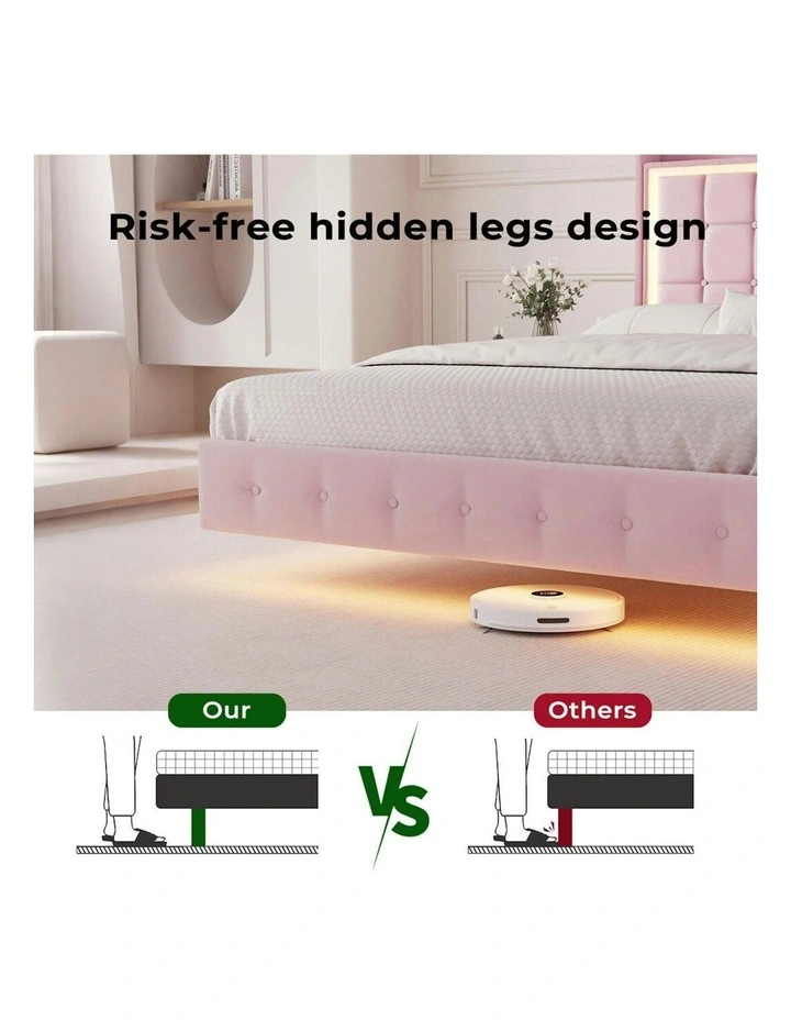 Single Floating Bed Frame With RGB LED Light Headboard USB Charge in Pink image 7