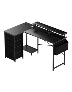 RGB LED Storage Drawers Power Outlet with L Shaped Gaming Desk in Black