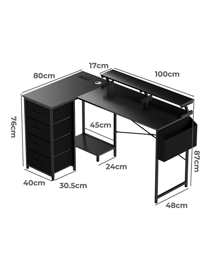 RGB LED Storage Drawers Power Outlet with L Shaped Gaming Desk in Black image 3