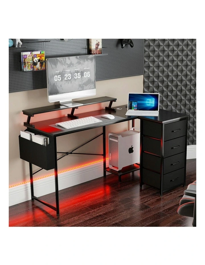 RGB LED Storage Drawers Power Outlet with L Shaped Gaming Desk in Black image 7