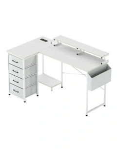RGB LED Storage Drawers Power Outlet with L Shaped Gaming Desk in White