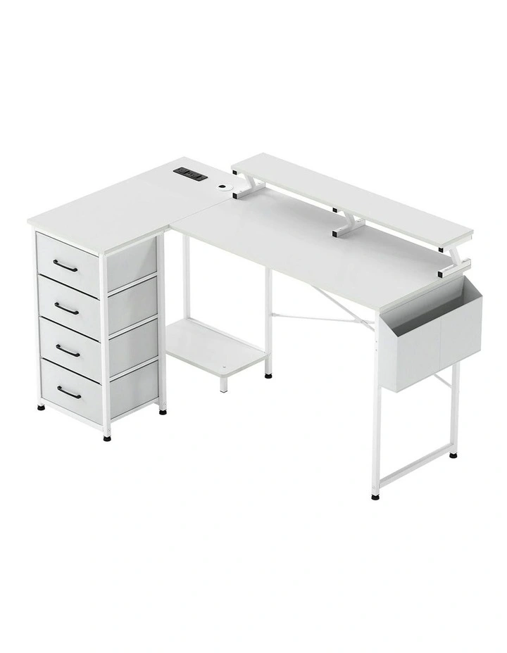 RGB LED Storage Drawers Power Outlet with L Shaped Gaming Desk in White image 1