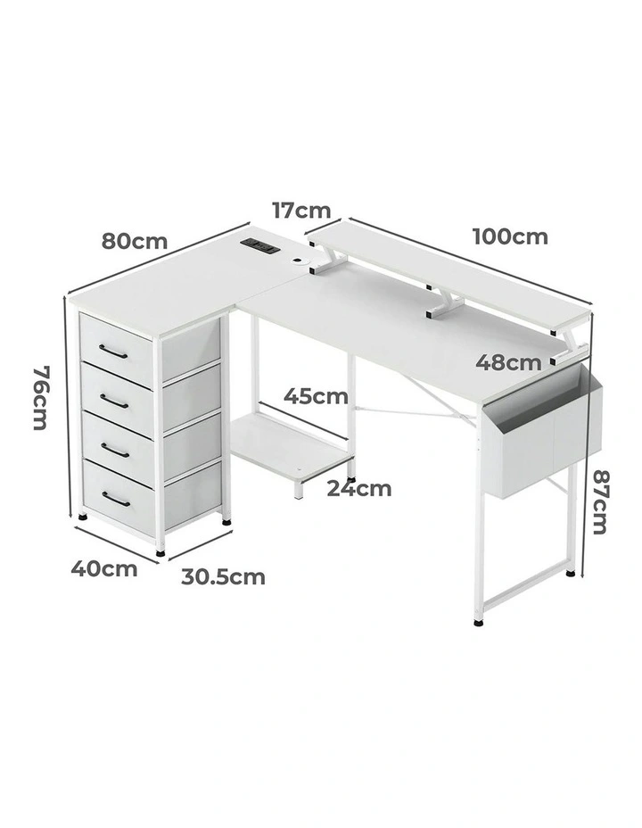 RGB LED Storage Drawers Power Outlet with L Shaped Gaming Desk in White image 3