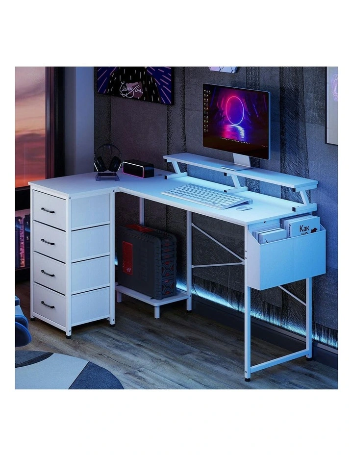 RGB LED Storage Drawers Power Outlet with L Shaped Gaming Desk in White image 7