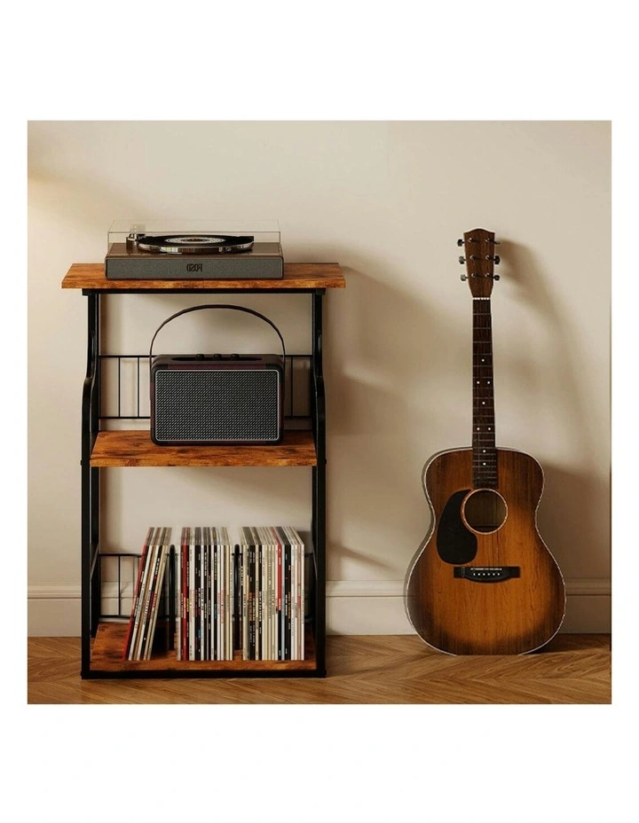 Modern Wood Record Player Side Table 3-Tier Storage Shelf in Brown image 7