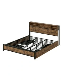 RGB LED USB Charge Industrial Headboard Drawers Bed Frame Storage King in Brown