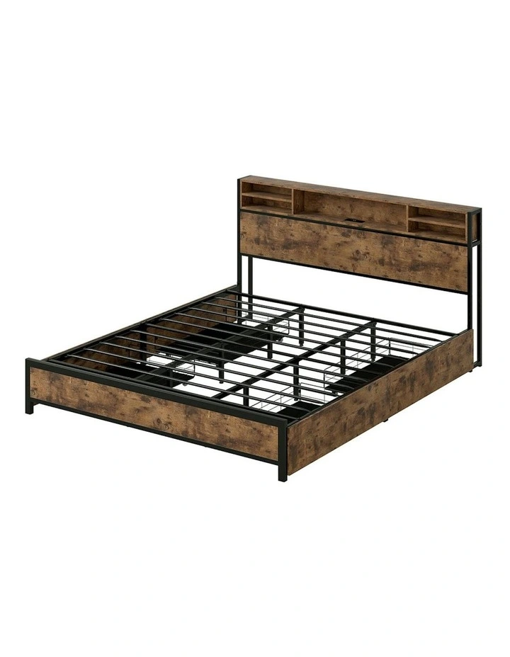 RGB LED USB Charge Industrial Headboard Drawers Bed Frame Storage King in Brown image 1