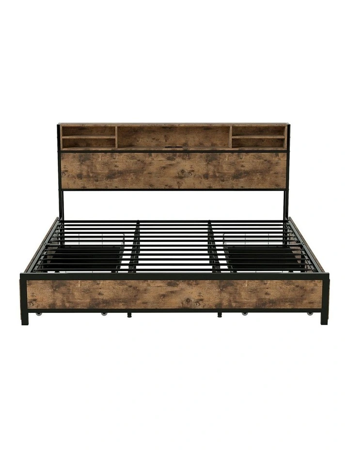 RGB LED USB Charge Industrial Headboard Drawers Bed Frame Storage King in Brown image 2