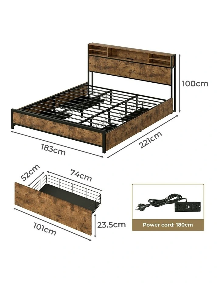 RGB LED USB Charge Industrial Headboard Drawers Bed Frame Storage King in Brown image 3